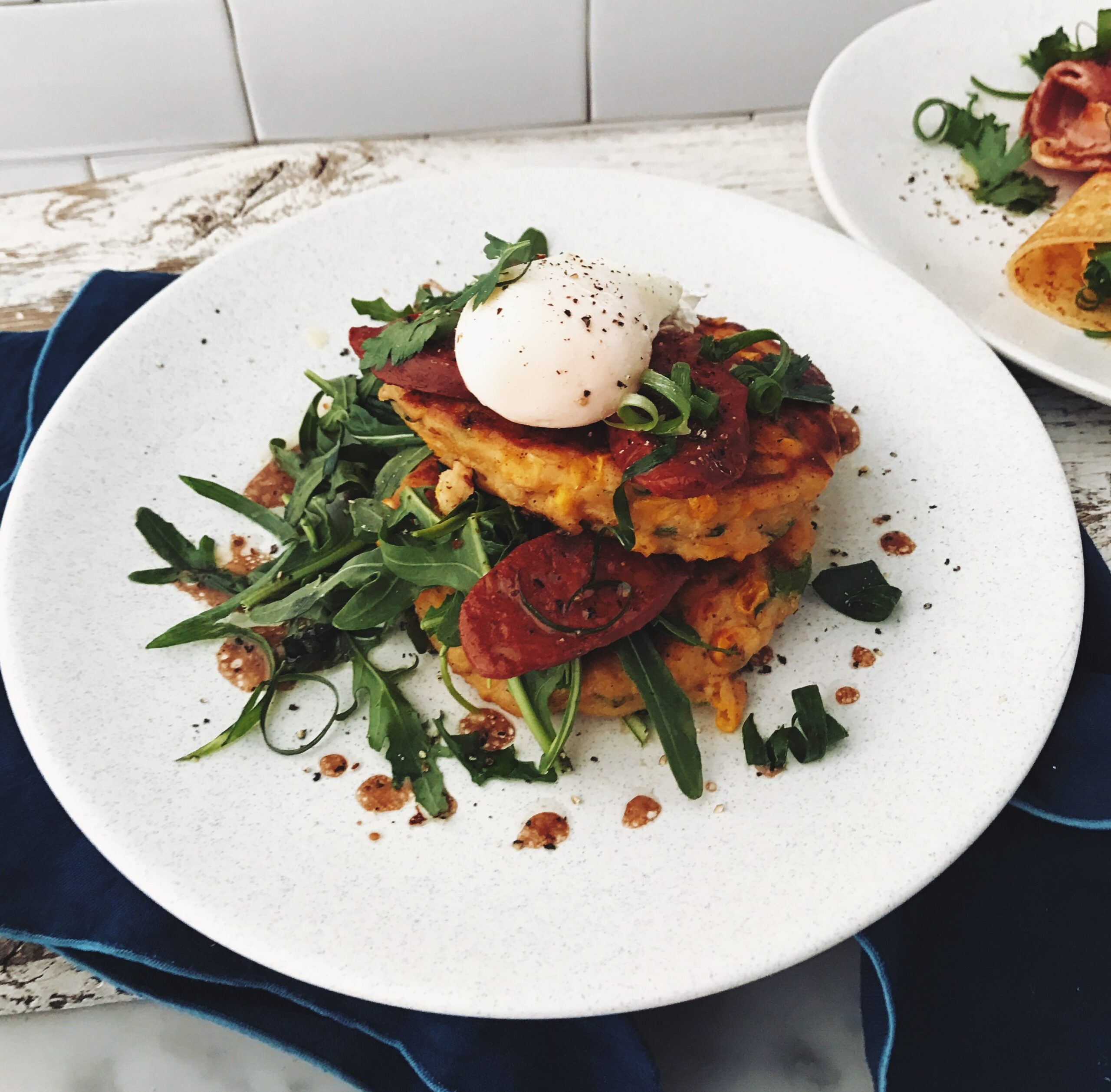 Corn Fritters & Chorizo Stack